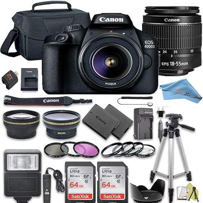 Canon EOS Rebel T100 / 4000D DSLR Camera Bundle + 2pc SanDisk Memory Cards + Accessory Kit (18-55MM + 64GB)