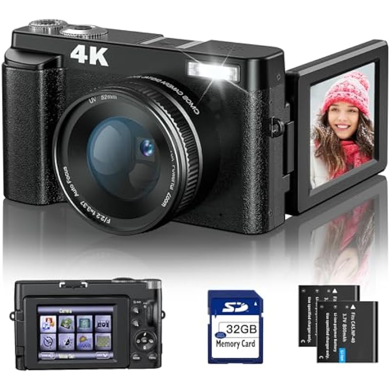 4K Digital Camera for Photography and Video Autofocus Anti-Shake, 48MP Vlogging Camera with SD Card, 3” 180° Flip Screen Compact Camera with Flash, 16X Digital Zoom Travel Camera (2 Batteries)