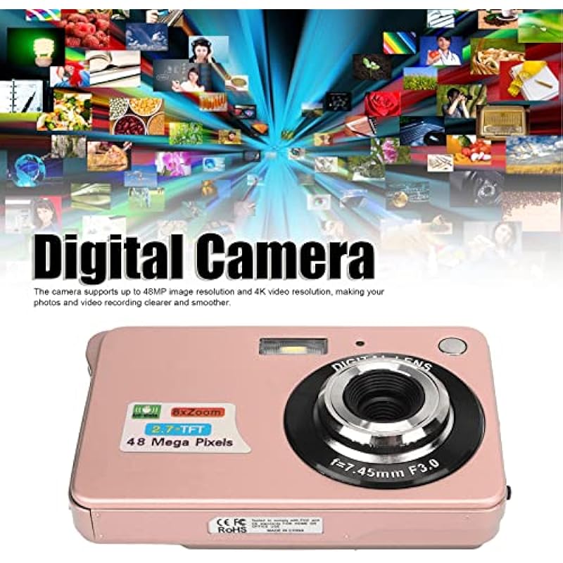 4K Digital Camera 48MP 2.7in LCD Display 8X Zoom Anti Shake Vlogging Camera (Pink)