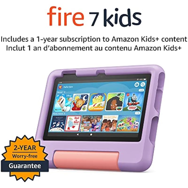 Amazon Fire 7 Kids tablet, ages 3-7. Top-selling 7″ kids tablet on Amazon – 2022 | ad-free content with parental controls included, 10-hr battery, 16 GB, Purple