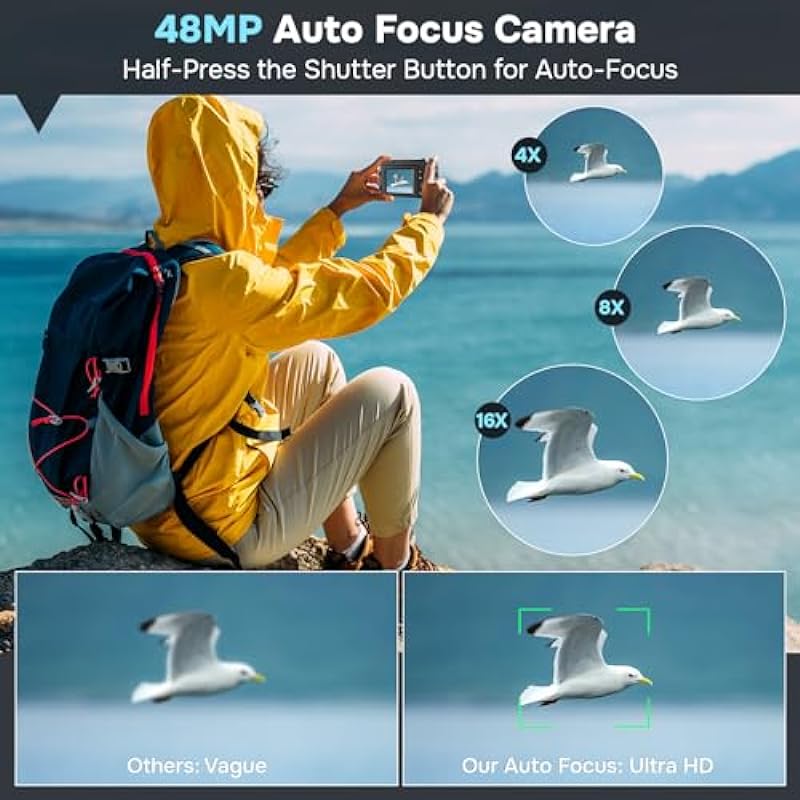 4K Digital Camera for Photography Autofocus, Upgraded 48MP Vlogging Camera for YouTube with SD Card, 3″ 180 Flip Screen Compact Travel Camera with 16X Digital Zoom, Flash, Anti-Shake, 2 Batteries