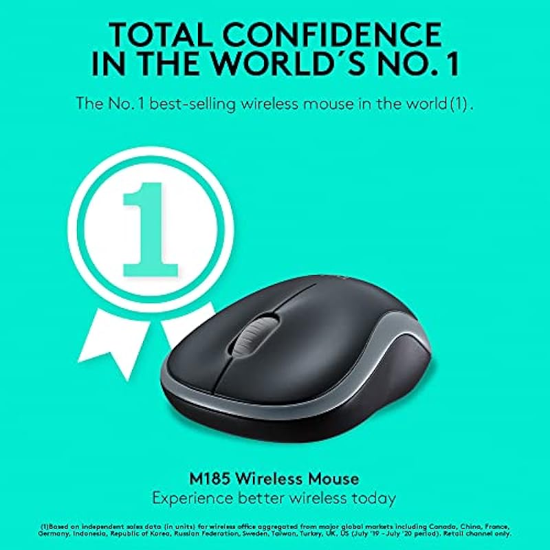 Logitech M185 Wireless Mouse, 2.4GHz with USB Mini Receiver, 12-Month Battery Life, 1000 DPI Optical Tracking, Ambidextrous, Compatible with PC, Mac, Laptop – Swift Gray