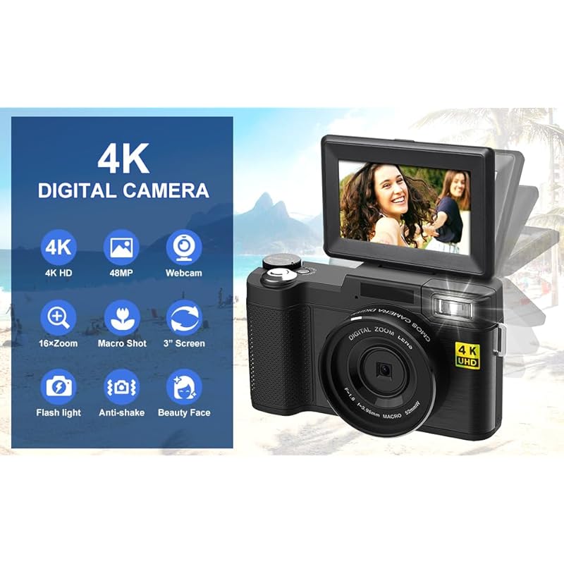 4K Digital Camera for Photography, Autofocus 48MP Vlogging Camera for YouTube with 16X Digital Zoom Macro Camera, 3’’180°Flip Screen Compact Video Camera with Liftable Flash, SD Card&2 Batteries