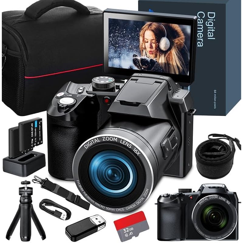 Monitech 64MP Digital Camera for Photography and Video, 4K Vlogging Camera for YouTube with 3’’ Flip Screen,16X Digital Zoom, WiFi& Autofocus,Cameras Strap&Tripod,2 Batteries, 32GB TF Card(S200)
