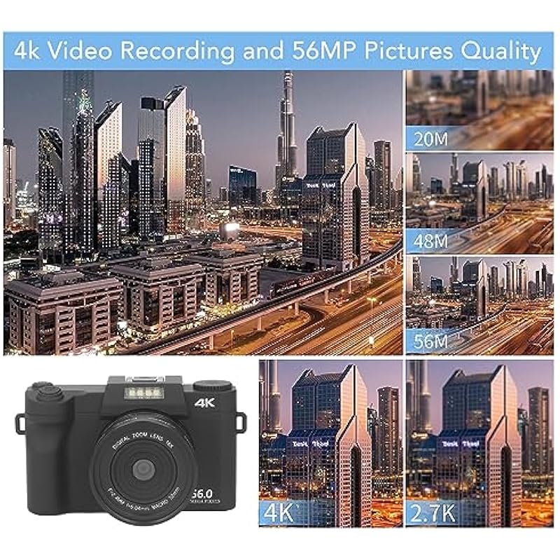 4K Digital Camera, 56MP HD WiFi Network Camera with 16X Zoom, 3.0 Inch HD IPS Screen, Autofocus Compact Camera with Anti Shaking, Anti Shaking, Beauty Filter, Selfie for Travel