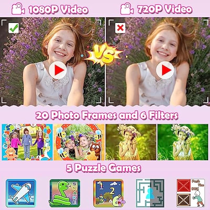 GKTZ Kids Camera, 1080P HD Digital Kids Waterproof Camera, Children Underwater Sport Outside Camera with SD Card 32GB, Kids Birthday Gift for 3 4 5 6 7 8 9 10 11 12 Years Old Girls