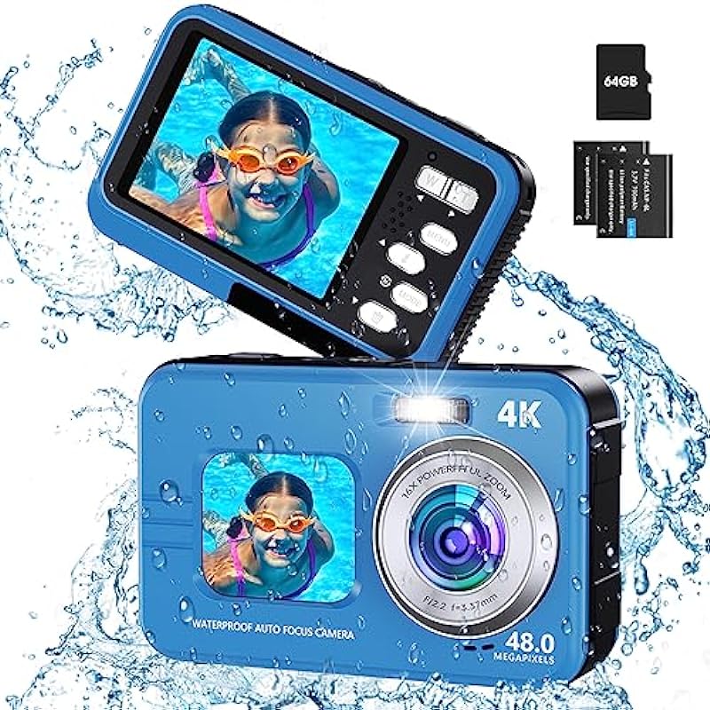 Underwater Camera, 4K 48MP Autofocus Waterproof Camera with Selfie HD Dual Screens, 11FT 16X Digital Zoom Waterproof Camera with 64GB Card, Fill Light Underwater Camera for Snorkeling