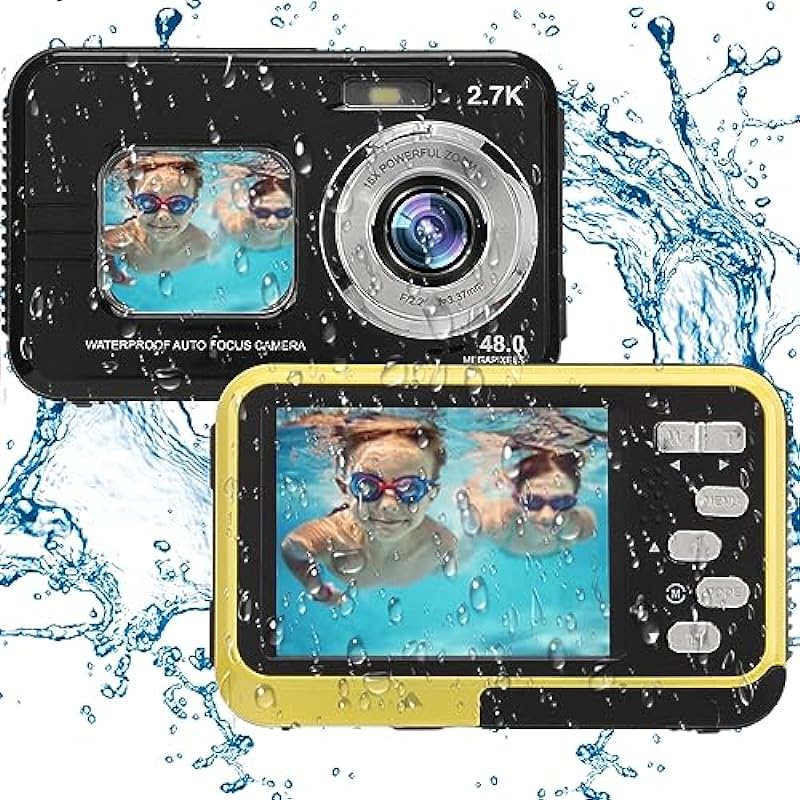 Waterproof Camera 11.5ft Underwater – 48MP Video Output 16X Digital Zoom Digital Camera, Anti Shake Waterproof Vlog Camera with 1.7in + 2.8in Dual HD Screen (Yellow)
