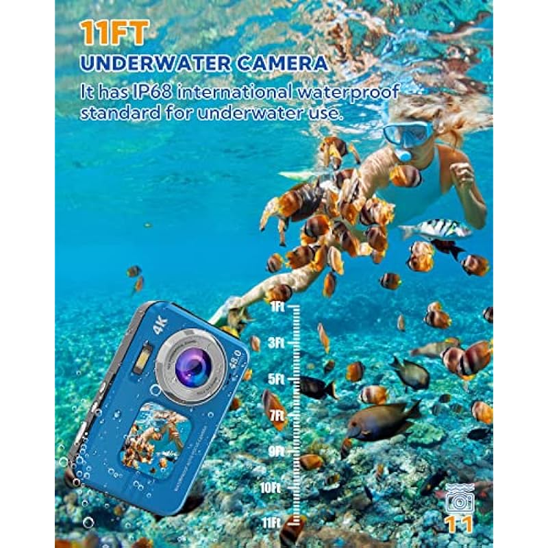 Underwater Camera, 4K 48MP Autofocus Waterproof Camera with Selfie HD Dual Screens, 11FT 16X Digital Zoom Waterproof Camera with 64GB Card, Fill Light Underwater Camera for Snorkeling