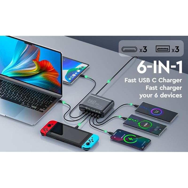 140W GaN USB c Charger Block Type-C PD Charger 6 Ports USB C Charging Station Hub Block 100W USB-C Power Delivery & 45W USB-A Port for MacBook iPad iPhone Galaxy iMac Laptop Switch Pixel and More