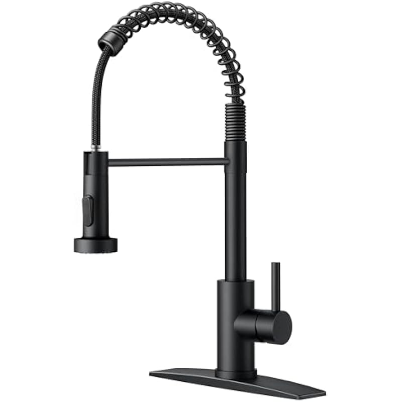 FORIOUS Black Kitchen Faucet with Pull Down Sprayer, Commercial Spring Kitchen Sink Faucet with Pull Out Sprayer, Single Handle Kitchen faucets with Deck Plate, Matte Black