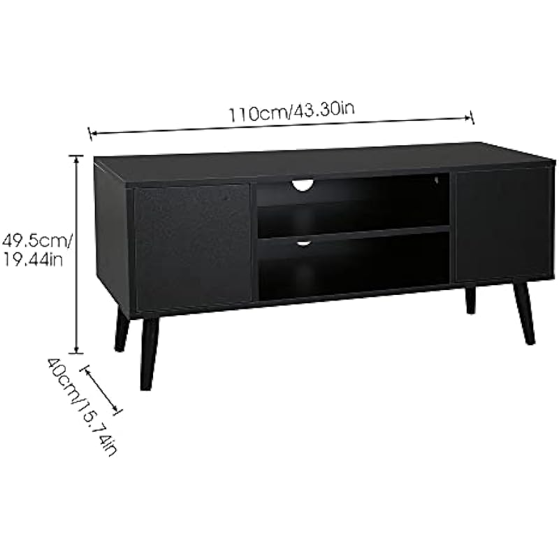 HOMEFORT Retro TV Stand, Mid-Century TV Console Table, Fits up to 55-inch Television, Modern Entertainment Cabinet with Storage and Shelves Cabinet for Living Room, Office, Bedroom (Black)