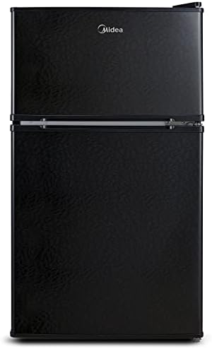 Midea WHD-113FB1 Double Door Mini Fridge With Freezer For Bedroom Office With Adjustable Legs Removable Glass Shelves Compact Refrigerator, 3.1 Cu Ft, Black