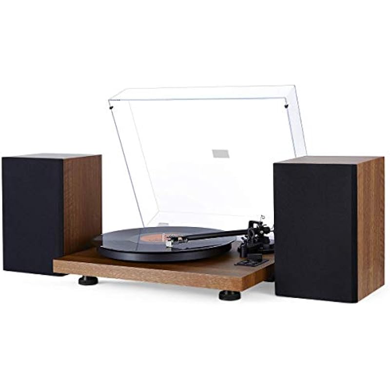 1 BY ONE Record Player Wireless Turntable HiFi System with 36 Watt Bookshelf Speakers, Adjustable Counterweight and Magnetic Cartridge (Natural Wood)