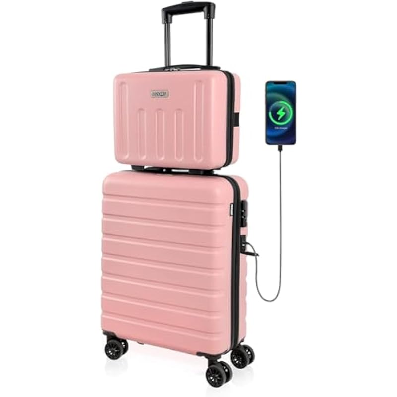 Carry on Luggage AnyZip 20″ Suitcase 14″ Mini Cosmetic Cases Luggage Sets Hardside PC ABS Lightweight USB Suitcase with Wheels TSA (2 Piece Set 14/20, Pink)