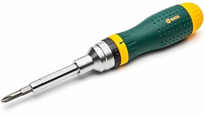 SATA 19-in-1 Multipurpose Ratcheting Screwdriver Set with 8 Double-Sided Bits and a Green and Yellow Oil-Resistant Handle - ST09350, 10 Piece