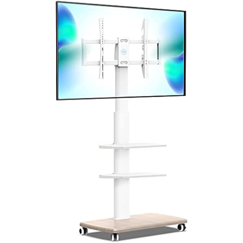 FITUEYES Mobile Floor TV Stand with Swivel Mount for 32-70 Inch Flat/Curved TVs, 3-Shelf Portable Rolling TV Cart with Load Capacity up to 88 lbs,Max VESA 600x400mm(White)