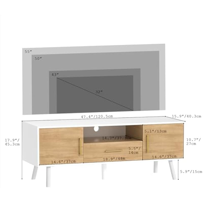 Giluta Modern TV Stand 55 inch, TV Table with Storage for Living Room, Media TV Console Table with Drawer, Bedroom Entertainment Center in White and Oak Finish