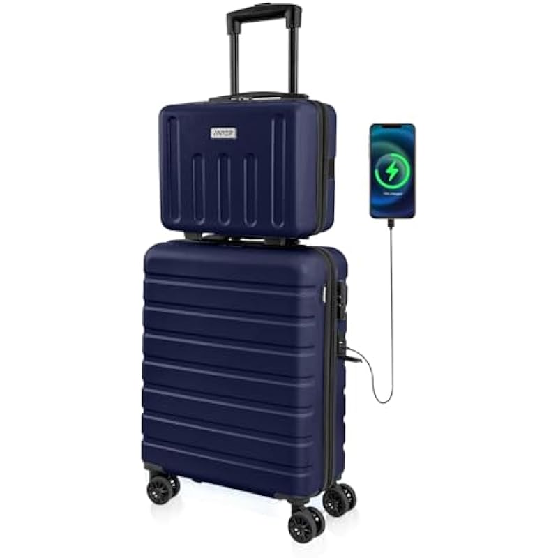 Carry on Luggage AnyZip 20″ Suitcase 14″ Mini Cosmetic Cases Luggage Sets Hardside PC ABS Lightweight USB Suitcase with Wheels TSA (2 Piece Set 14/20, DarkBlue)