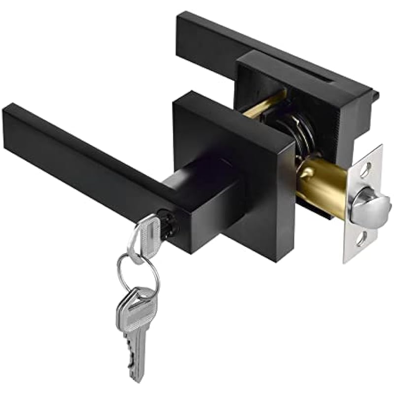 Door Handle with Lock Key, Black Heavy Duty Zinc Alloy Door Knob Exterior Interior Door Lever for Use Entry, Passage, Bathroom, Office, Bedroom, Front Entrance, Rust-Proof Black Coating