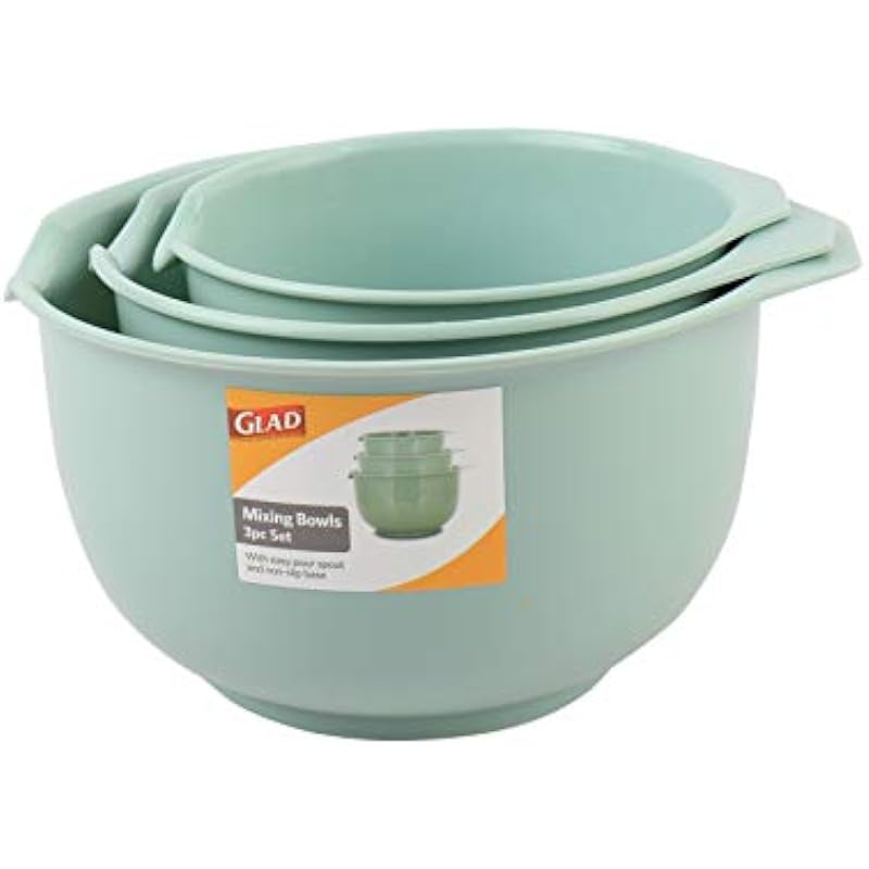 Glad Mixing Bowls with Pour Spout, Set of 3 | Nesting Design Saves Space | Non-Slip, BPA Free, Dishwasher Safe Plastic | Kitchen Cooking and Baking Supplies, Sage Green