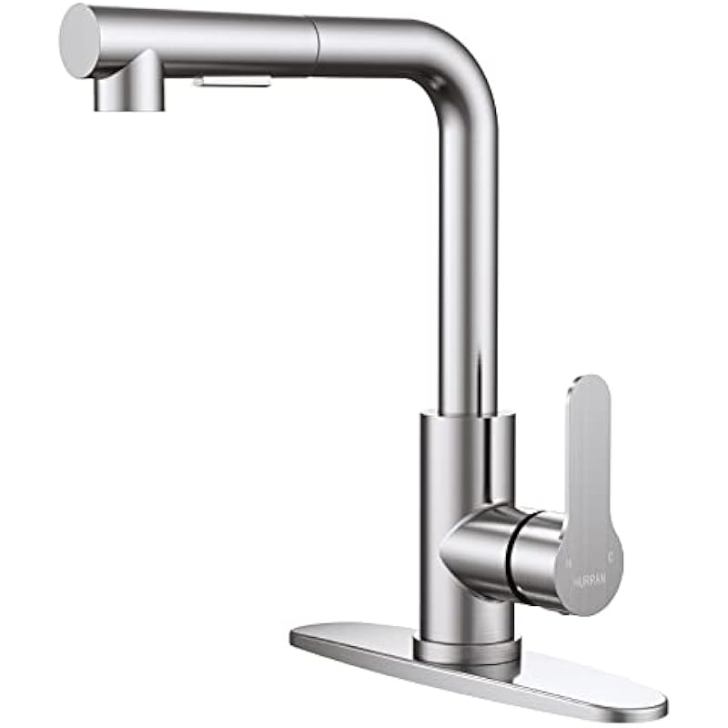 Kitchen Faucets, Brushed Nickel Kitchen Faucet with Pull Down Sprayer and Deck Plate, Stainless Steel Commercial Utility Kitchen Faucets for Sink 3 Hole for Bar Rv Camper Laundry Outdoor Farmhouse