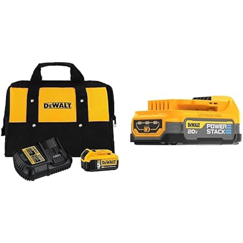 DEWALT 20V MAX 5.0 Ah Battery Charger Kit with Bag (DCB205CK) & 20V MAX Powerstack Compact Battery (DCBP034)