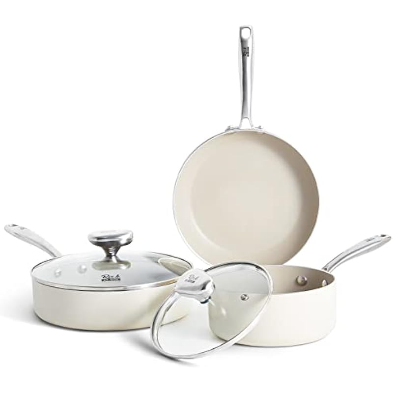 Pots and Pan Set with lids, Ceramic Cookware Set Nonstick, Batterie de Cuisine Induction, PTFE PFAS and PFOA-Free Induction, Dishwasher Safe, Oven Safe (Beige)