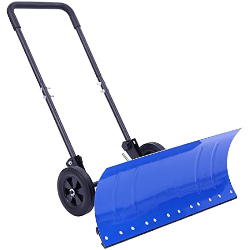Ohuhu Snow Shovel for Driveway: Heavy Duty Wheeled Metal Snow Shovels with 30″x12″ Wide Blade for Snow Removal, Snow Pusher with Wheels Adjustable Angle & Height for Doorway, Gift for Christmas