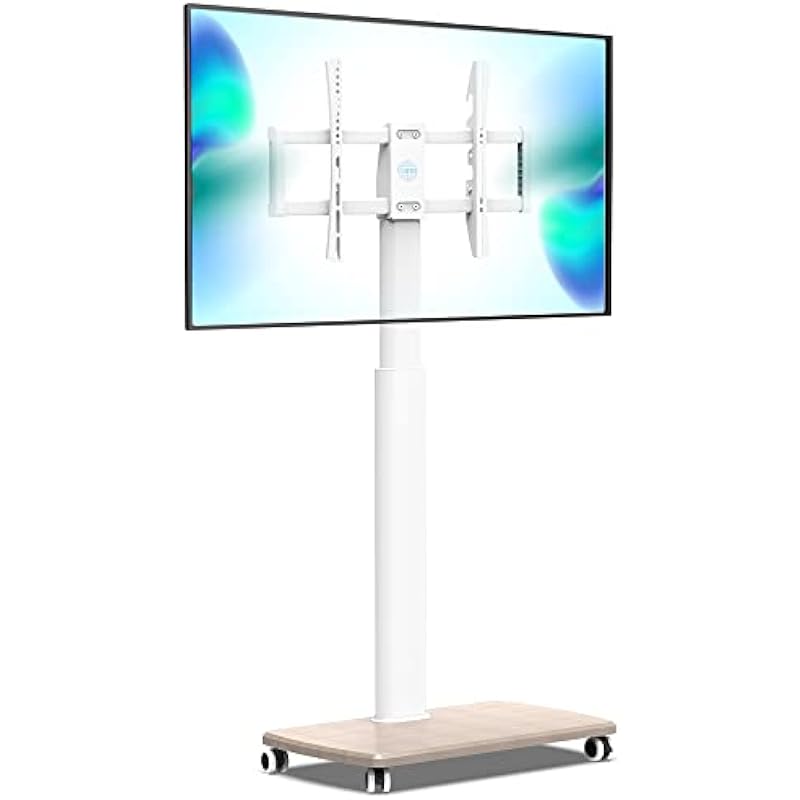 FITUEYES Mobile Tall TV Stand/Cart with Wood Base & Wheels Swivel Mount Height Adjustable for 32 to 65 inch Screen(White)