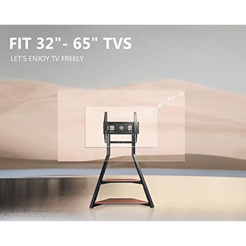 FITUEYES Design Corner TV Stand Mount for 32 43 50 55 65 Inch TVs, Modern TV Floor Stand with Wheels, Small Portable Entertainment Center with Wooden Open Storage Shelves, Eiffel Series