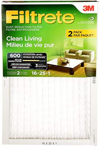 Filtrete 16x25x1 Furnace Filter, MPR 600, MERV 7, Clean Living Dust Reduction 3-Month Pleated 1-Inch Air Filters, 2 Filters