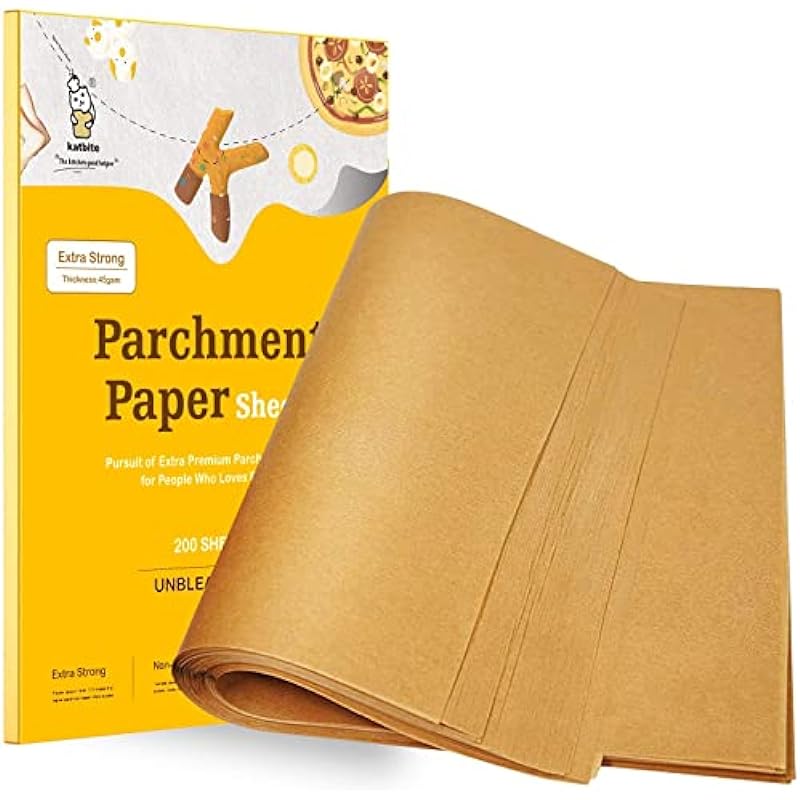 Katbite 200pcs Unbleached Parchment Paper Sheets 9×13 inch (12×16 Optional) Heavy Duty, Baking Paper Parchment for Cookies, Bread, Meat, Pizza