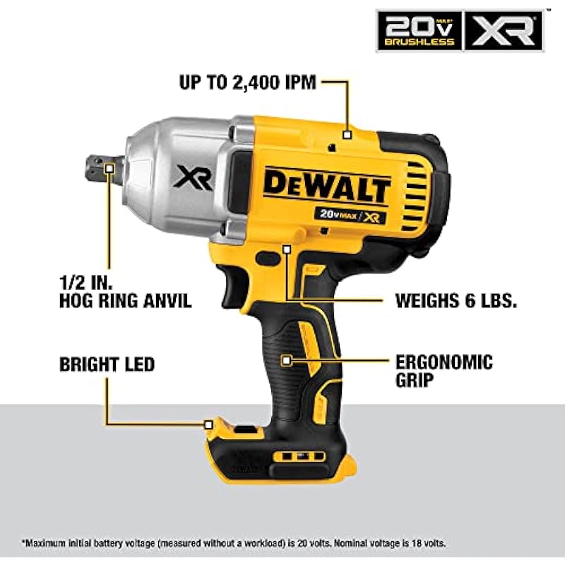 DEWALT 20V MAX XR Brushless High Torque 1/2″ Impact Wrench with Detent Anvil, Cordless, Tool Only (DCF899B)