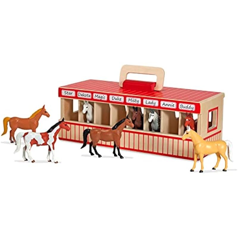 Melissa & Doug Take-Along Show-Horse Stable Play Set With Wooden Stable Box and 8 Toy Horses | Horse Barn Play Set, Portable Horse Stable Toy, Horse Toys For Kids Ages 3+