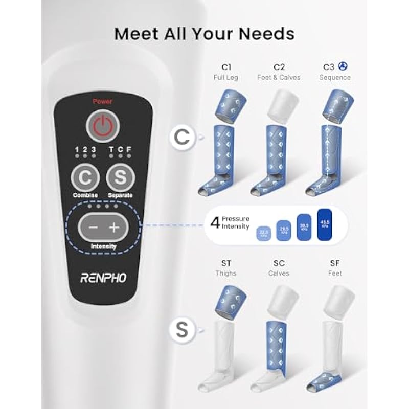 RENPHO Leg Massager for Circulation and Pain Relief, Air Compression Foot Leg Calf Thigh Massage, Helps for Reduce Swelling, Muscle Relaxation, 6 Modes 4 Intensities, Gifts for Men Women