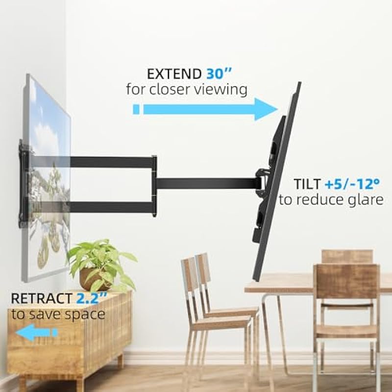 HCMOUNTING Long Arm Single Stud TV Wall Mount for 32-75 inch TVs, 30 inch Extension Articulating Arms, Swivel and Tilt TV Bracket, Holds up to 110 lbs, Max VESA 600x400mm