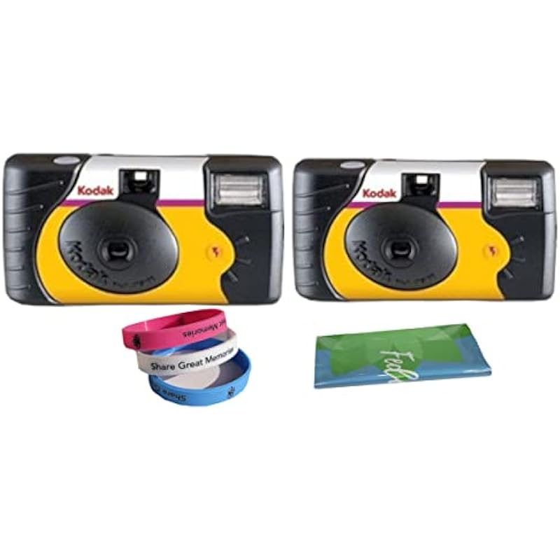 Kodak Power Flash Disposable Single Use Camera 800 ISO 35mm with Flash 27 Exposures (2 Pack) for High Definition (HD) Photos Plus 100% Silicone Wrist Band and a Microfiber Cleaning Cloth