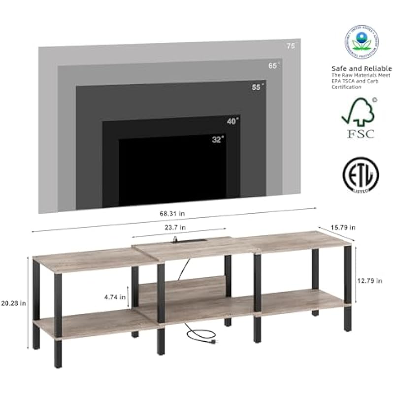 LED TV Stand with Power Outlet for Living Room+75 Inch Wood TV Media Console for 45/55/65/75 inch TVs，Industrial TV Stand，TV Stand Media Entertainment Center， CALTV06ZE