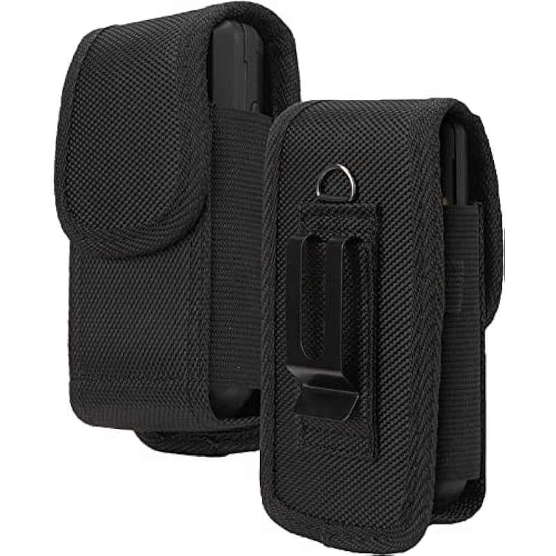 Nakedcellphone Pouch for CAT S22 Flip Phone, Sonim XP3 Plus (XP3900) Case, Black Rugged Canvas Vertical Holster Holder Metal Clip and Secure Belt Thread Loop Harness – Quiet Magnetic Closure