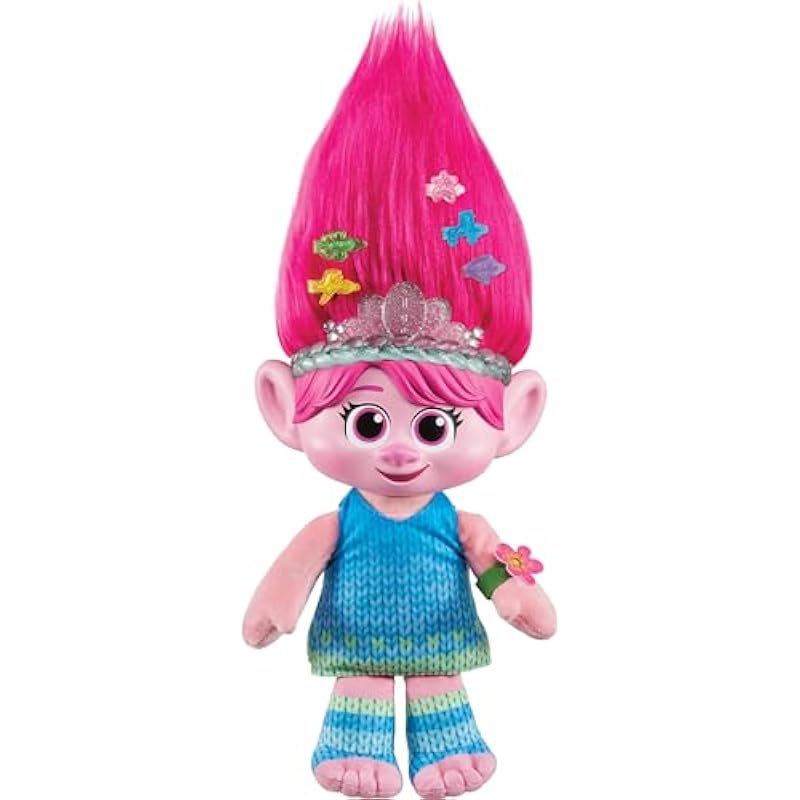 Trolls Band Together Plush Toy, HAIR POPS Showtime Surprise Queen Poppy Soft Doll with Lights, Sounds, 1 Hair Pops & 3 Accessories
