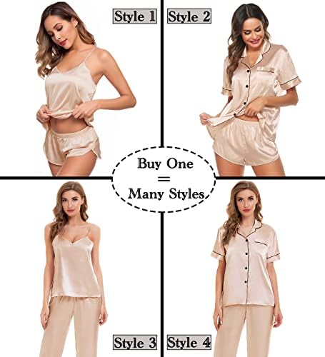 SWOMOG Womens 4pcs Pajamas Sets Silk Satin Sleepwear Sexy Cami with Button Down Short Sleeve Shirt Pjs Loungewear