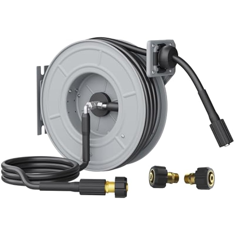 Giraffe Tools Pressure Washer Hose Reel, 1/4″ x 65 ft Retractable Pressure Washer Reel,Steel Power Reel, Wall/Ceiling/Floor Mounted, 3200PSI, 2 * M22-15mm Connectors, Heavy Duty