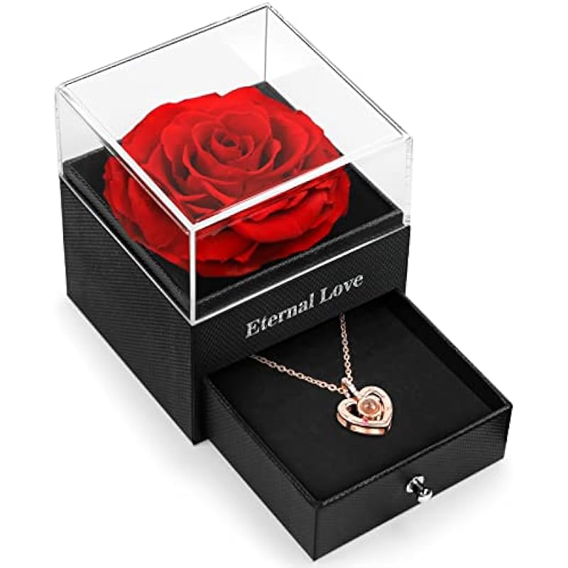 HEGUD Preserved Real Rose with I Love You Necklace Gifts for Women, Eternal Flowers Enchanted Flower Gifts for Women Mom Girlfriend Wife on Valentines Birthday Anniversaries Mothers’ Day