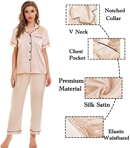 SWOMOG Womens 4pcs Pajamas Sets Silk Satin Sleepwear Sexy Cami with Button Down Short Sleeve Shirt Pjs Loungewear