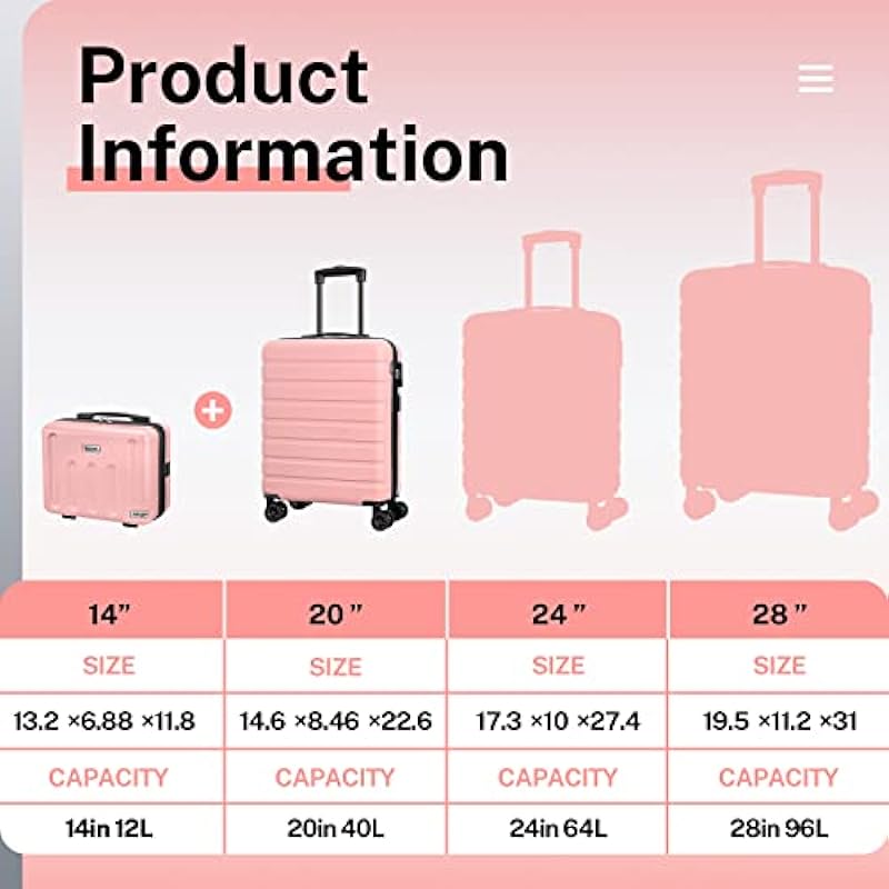 Carry on Luggage AnyZip 20″ Suitcase 14″ Mini Cosmetic Cases Luggage Sets Hardside PC ABS Lightweight USB Suitcase with Wheels TSA (2 Piece Set 14/20, Pink)