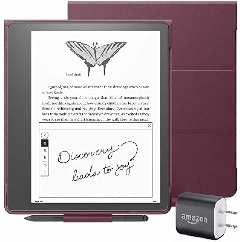 Kindle Scribe Essentials Bundle including Kindle Scribe (32 GB), Premium Pen, Leather Cover – Burgundy, and Power Adapter