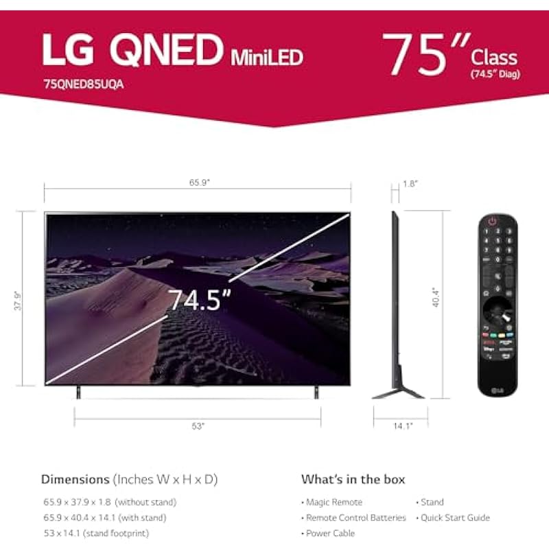 LG QNED85 75” Mini LED QLED NanoCell Alexa Built-in 4k Smart TV (3840 x 2160), 120Hz Refresh Rate, AI-Powered 4K, Dolby Cinema, WiSA Ready, Cloud Gaming (75QNED85UQA)