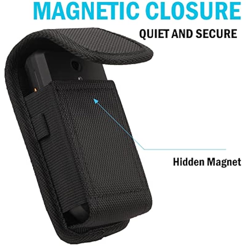 Nakedcellphone Pouch for CAT S22 Flip Phone, Sonim XP3 Plus (XP3900) Case, Black Rugged Canvas Vertical Holster Holder Metal Clip and Secure Belt Thread Loop Harness – Quiet Magnetic Closure