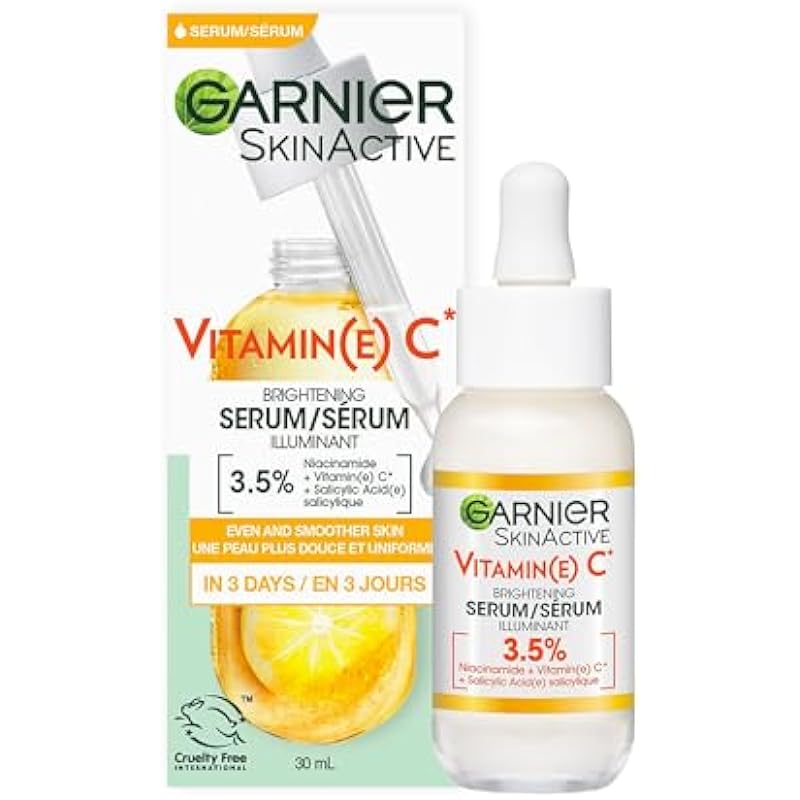 Garnier Vitamin C Serum, With 3.5% Niacinamide + Salicylic Acid, Evens, Smoothens and Brightens Skin, Reduces Spots, For All Skin Types Even Sensitive Skin, Vegan Formula, Skin Naturals, 30 ml
